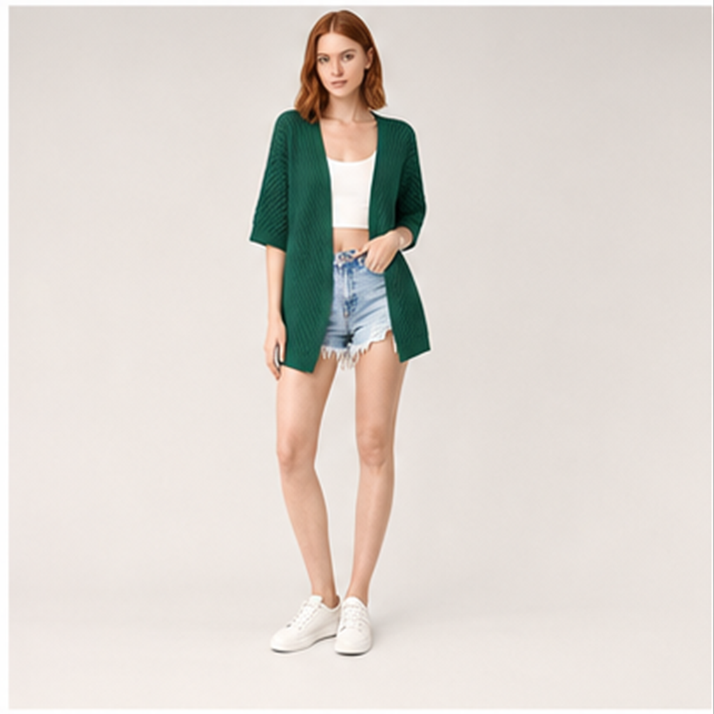 Women Short Sleeve V Neck Crochet Kimonos Loose Open Front Hollow Out Cover Ups - model view